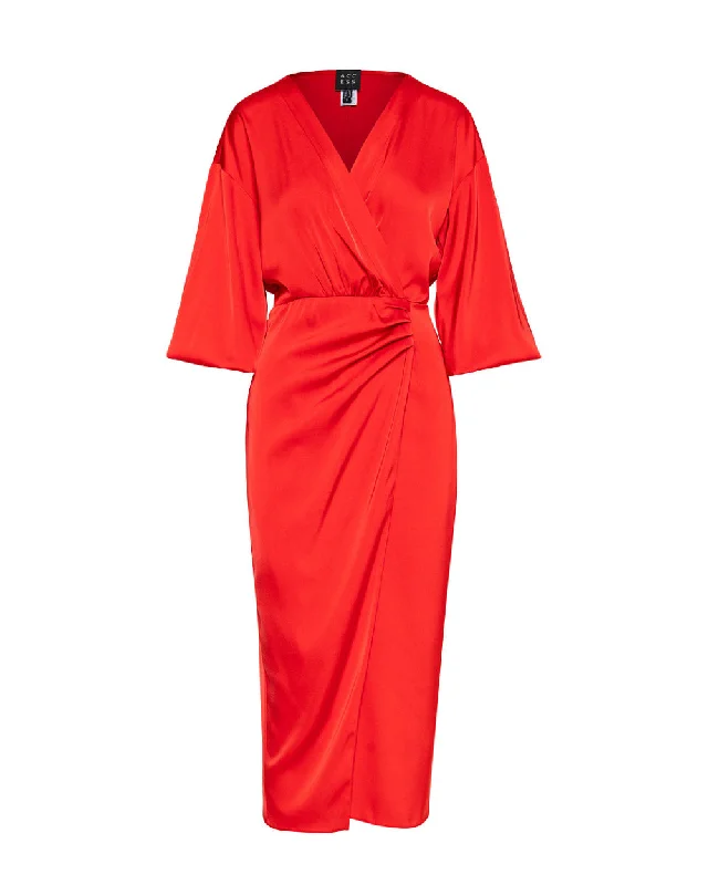 Access Fashion Red Wrap Midi Satin Dress With Pleats