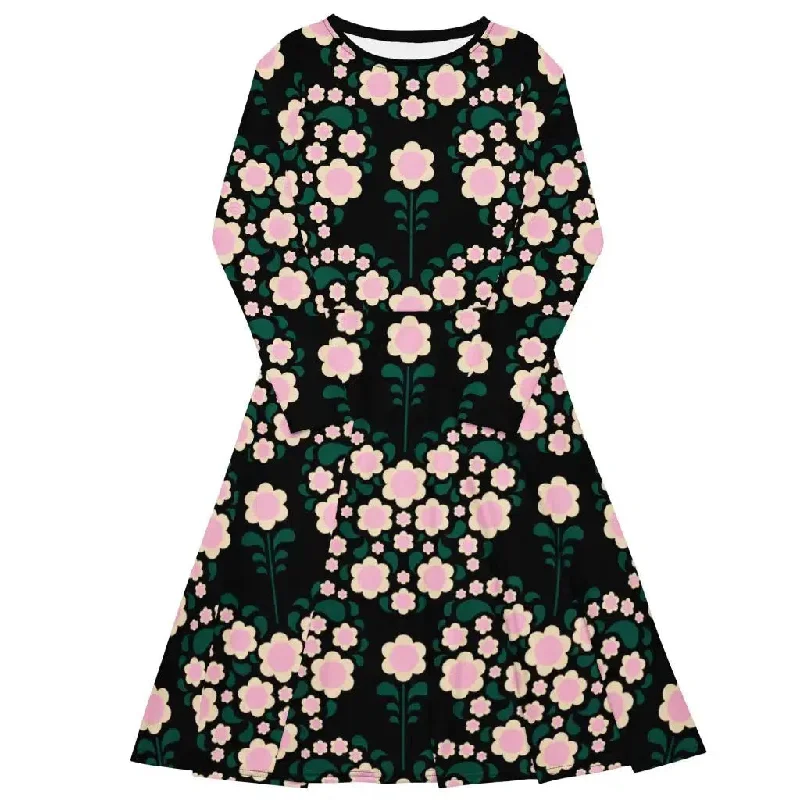 HEARTBEAT pink black - Midi dress with long sleeves and handy pockets