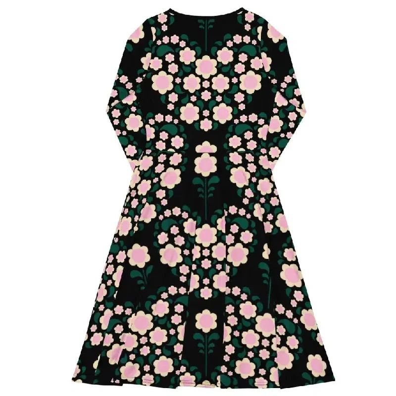 HEARTBEAT pink black - Midi dress with long sleeves and handy pockets