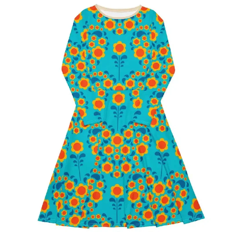 HEARTBEAT orange blue - Midi dress with long sleeves and handy pockets