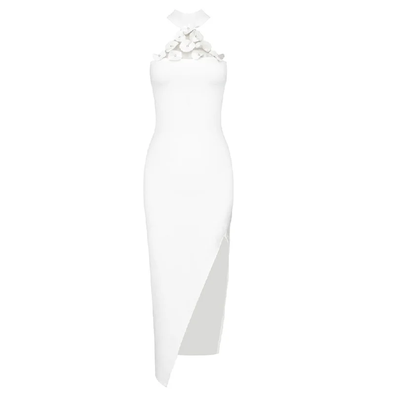 Asymmetrical Crystal Petal Decor Halter Neck Bandage Midi Cocktail Dress