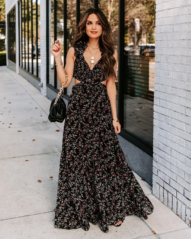 Charlotta Floral Ruffle Cutout Maxi Dress - Black - FINAL SALE