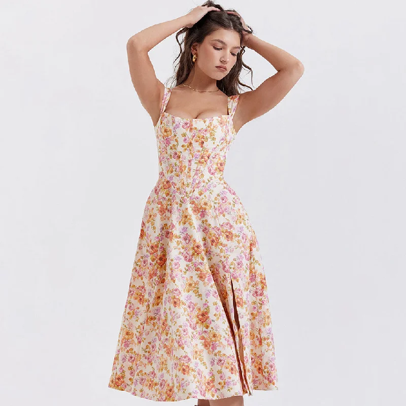 Painterly Printed Square Neck Drop Waist Corset Split Midi Floral Sundress