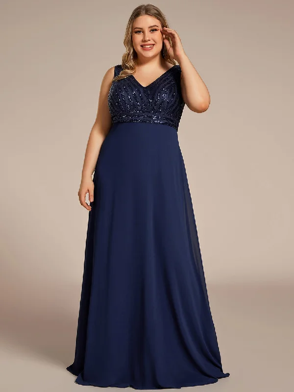 Plus-Sleeveless VNeck Sequin & Chiffon Wholesale Evening Dresses