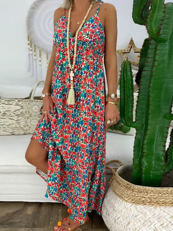 Printed Sling V-Neck Maxi Dress