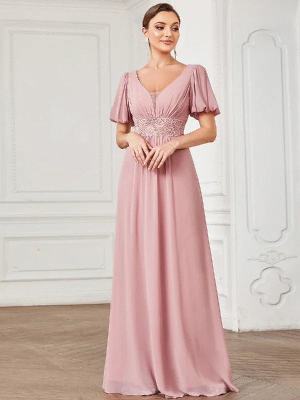 V Neck A Line Wholesale Bridesmaid Dresses with Short Ruffles Sleeves