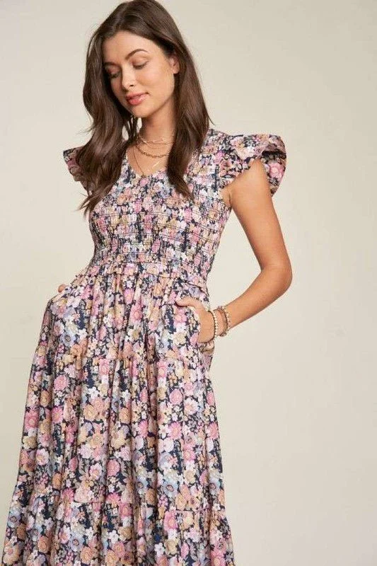 Floral Flutter Sleeve Midi Dress